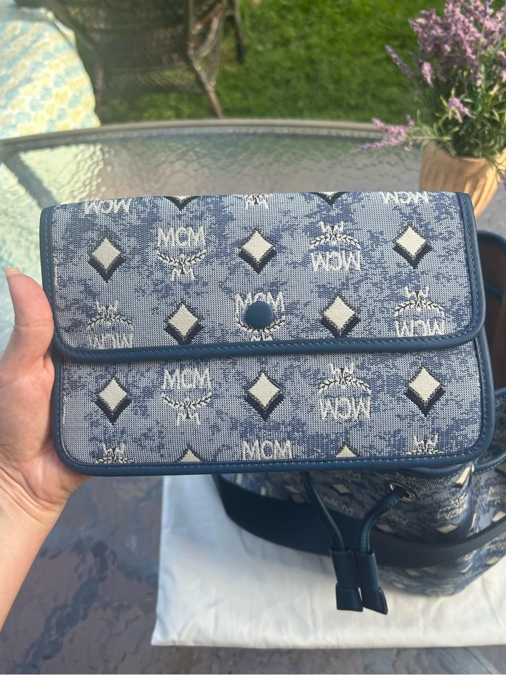 MCM Denim Visetos Dessau Navy Bucketbag Shoulder Bag & Crossbody Purse
